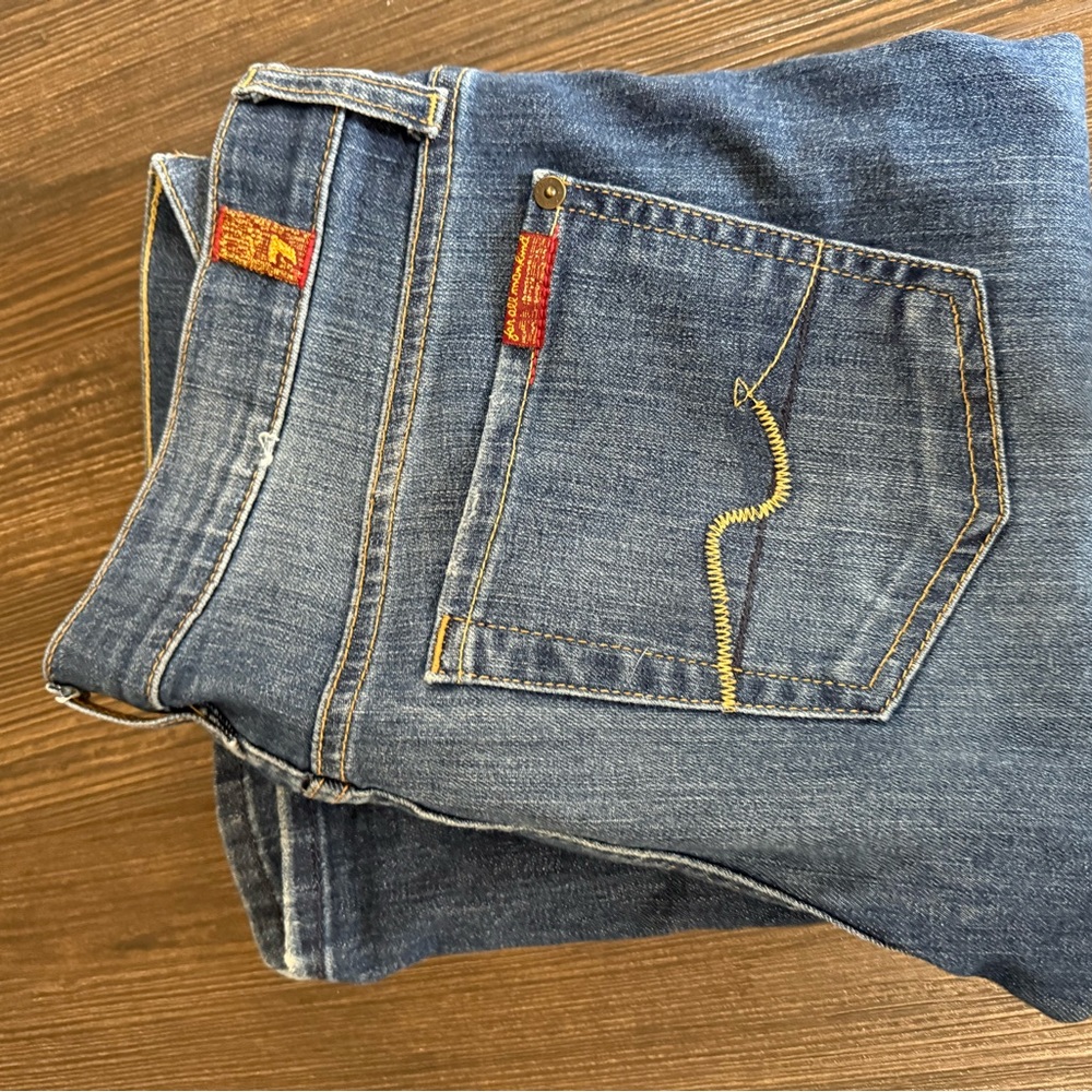 7 For All Mankind Women's Blue Boot Cut Jeans with Yellow Stitching Detail